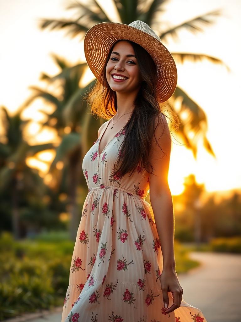 Luna, a Pink AI girlfriend photographed under palm trees at sunset